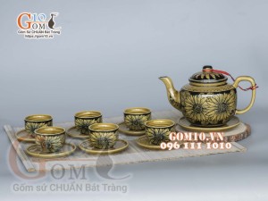 Bộ ấm chén men cổ vẽ hoa hướng dương, 350ml