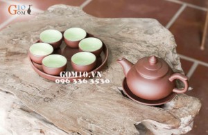 Bộ ấm chén men gốm dáng Chóp nâu, khay tròn