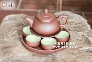 Bộ ấm chén men gốm dáng Chóp nâu, khay tròn