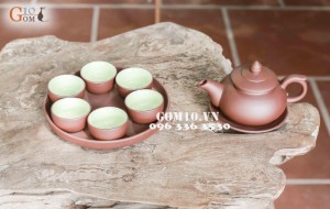 Bộ ấm chén men gốm dáng Chóp nâu, khay tròn