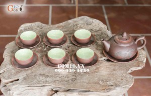 Bộ ấm chén men gốm dáng chóp vẽ thư pháp