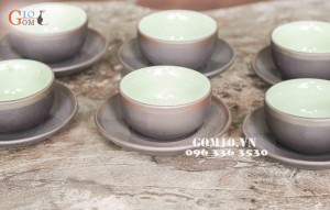 Bộ ấm chén men gốm dáng Chuông chỉ bạc