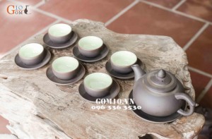 Bộ ấm chén men gốm dáng Chuông chỉ bạc, 300ml