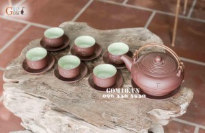 Bộ ấm chén men gốm dáng miệng rộng quoai đồng