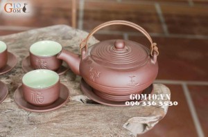 Bộ ấm chén men gốm dáng miệng rộng quoai đồng