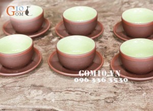 Bộ ấm chén gốm nâu dáng quả hồng đắp nổi Nhất Liên Hoa, 250ml