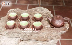 Bộ ấm chén gốm nâu dáng quả hồng đắp nổi Nhất Liên Hoa, 250ml