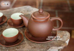 Bộ ấm chén men gốm, dáng Quả Hồng cao chỉ đỏ