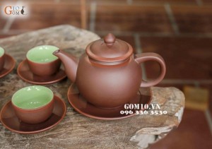 Bộ ấm chén men gốm, dáng Quả Hồng cao chỉ đỏ