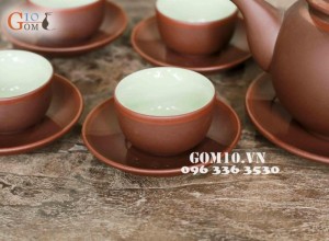 Bộ ấm chén men gốm, dáng Quả Hồng cao chỉ đỏ