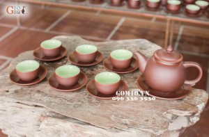 Bộ ấm chén men gốm, dáng Quả Hồng cao chỉ đỏ
