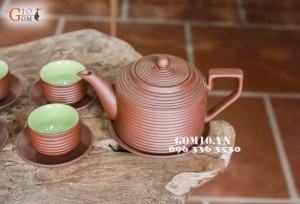Bộ ấm chén men gốm dáng tích ganh nâu