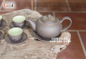 Bộ ấm chén men gốm dáng Tích khắc Phúc Lộc Thọ, chỉ bạc