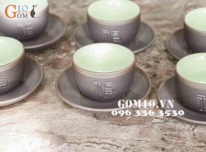 Bộ ấm chén men gốm dáng Tích khắc Phúc Lộc Thọ, chỉ bạc
