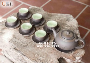 Bộ ấm chén men gốm dáng Tích khắc Phúc Lộc Thọ, chỉ bạc