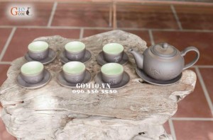 Bộ ấm chén men gốm dáng Tích khắc Phúc Lộc Thọ, chỉ bạc