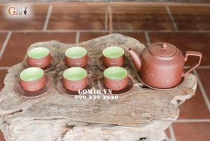 Bộ ấm chén men gốm, dáng Tích Phúc Lộc Thọ nâu
