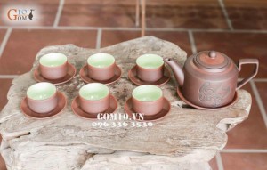 Bộ ấm chén men gốm dáng Tích vẽ thư pháp
