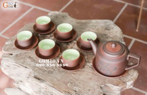 Bộ ấm chén men gốm dáng Tích vẽ thư pháp