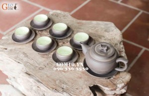 Bộ ấm chén men gốm dáng Tống đai chỉ bạc