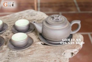 Bộ ấm chén men gốm dáng Tống đai chỉ bạc