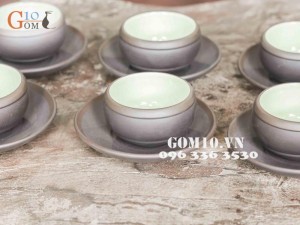 Bộ ấm chén men gốm dáng Tống đai chỉ bạc
