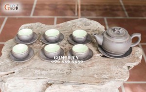 Bộ ấm chén men gốm dáng Tống đai chỉ bạc
