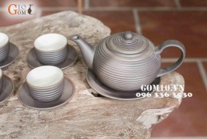 Bộ ấm chén men gốm dáng Tống ganh chỉ bạc