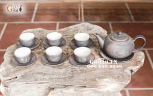 Bộ ấm chén men gốm dáng Tống ganh chỉ bạc