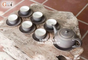 Bộ ấm chén men gốm dáng Tống ganh chỉ bạc