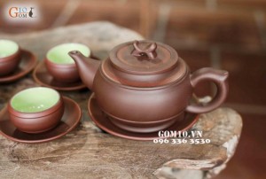 Bộ ấm chén men gốm, dáng Trống đai chỉ đỏ
