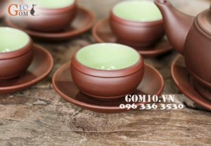 Bộ ấm chén men gốm, dáng Trống đai chỉ đỏ