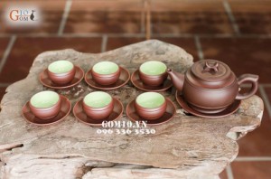 Bộ ấm chén men gốm, dáng Trống đai chỉ đỏ