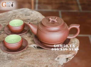 Bộ ấm chén men gốm, dáng Trống đai nâu, chén lòng xanh