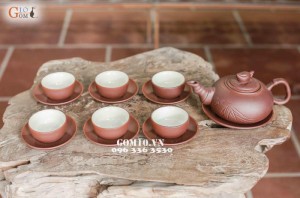 Bộ ấm chén men gốm dáng Trúc Đào chỉ đỏ