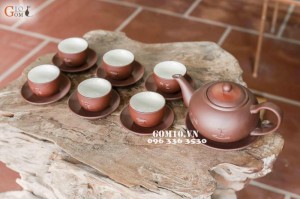 Bộ ấm chén men gốm, khắc Tống Phúc Lộc Thọ nâu