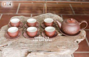 Bộ ấm chén men gốm, khắc Tống Phúc Lộc Thọ nâu