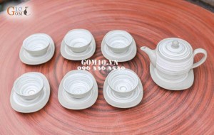 Bộ ấm chén men gốm Sước trắng