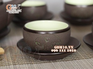 Bộ ấm chén dáng dẹt gốm hồng sa, khắc trăng xanh, 300ml 
