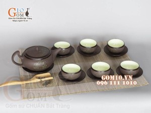 Bộ ấm chén dáng dẹt gốm hồng sa, khắc trăng xanh, 300ml 