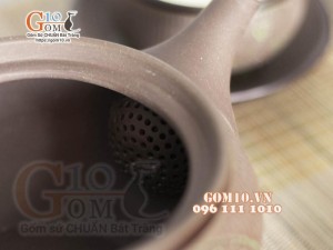 Bộ ấm chén dáng dẹt gốm hồng sa, khắc trăng xanh, 300ml 