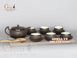 Bộ ấm chén dáng dẹt gốm hồng sa, khắc trăng xanh, 300ml 