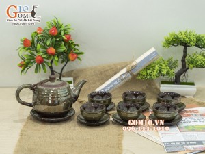 Bộ ấm chén men hỏa biến CỐT GỐM dáng vại, 480ml