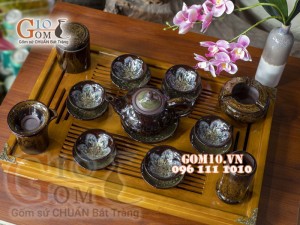 Bộ ấm chén men hỏa biến CỐT GỐM dáng chóp - chén lòng hoa, đầy đủ phụ kiện 300ml