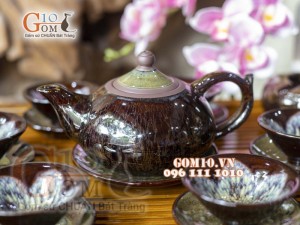 Bộ ấm chén men hỏa biến CỐT GỐM dáng chóp - chén lòng hoa, đầy đủ phụ kiện 300ml