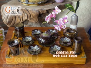 Bộ ấm chén men hỏa biến CỐT GỐM dáng chóp - chén lòng hoa, đầy đủ phụ kiện 300ml