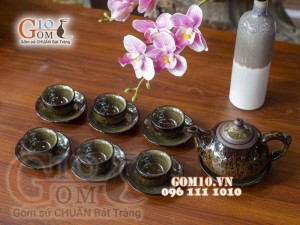Bộ ấm chén men hỏa biến CỐT GỐM dáng chóp, chỉ nâu 300ml