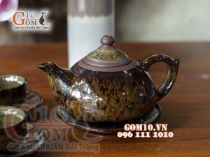 Bộ ấm chén men hỏa biến CỐT GỐM dáng chóp, chỉ nâu 300ml