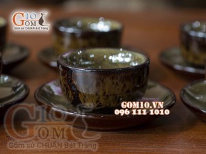 Bộ ấm chén men hỏa biến CỐT GỐM dáng chóp, chỉ nâu 300ml