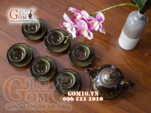 Bộ ấm chén men hỏa biến CỐT GỐM dáng chóp, chỉ nâu 300ml